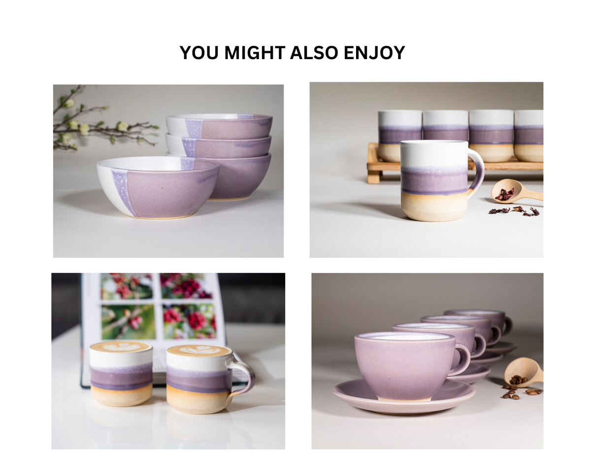 Collage of stoneware smoothie cups with purple, white, and beige ombre bands