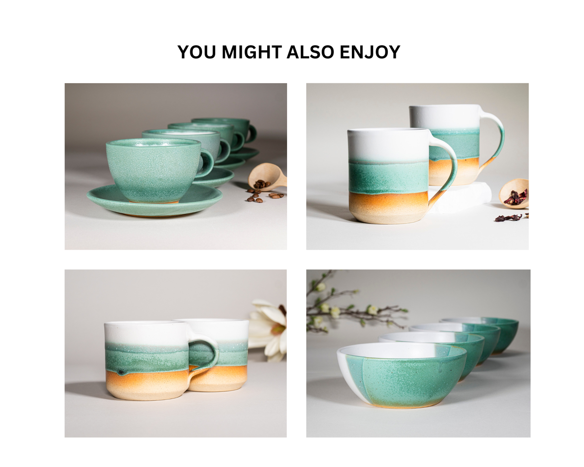 Collage featuring green and white stoneware smoothie cups, 14 oz.