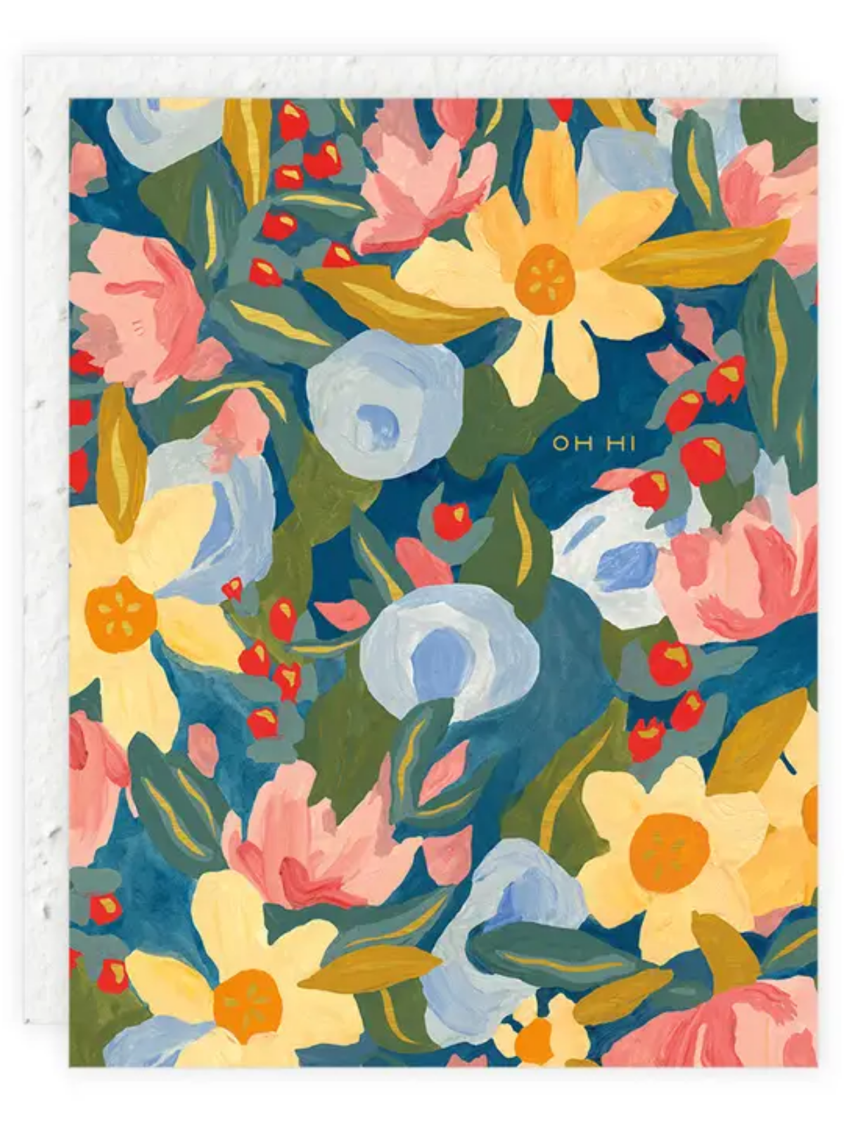 Seeded greeting card close-up of vibrant floral artwork with “OH HI” lettering