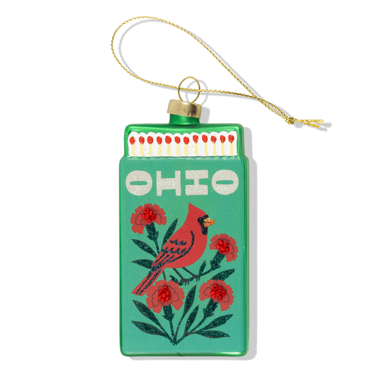Green matchbook ornament with OHIO text, red bird and flowers, gold hanging cord