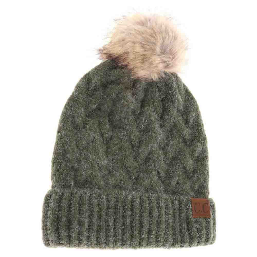Chunky cable knit beanie with faux fur pom-pom, olive green, ribbed cuff and C.C. patch