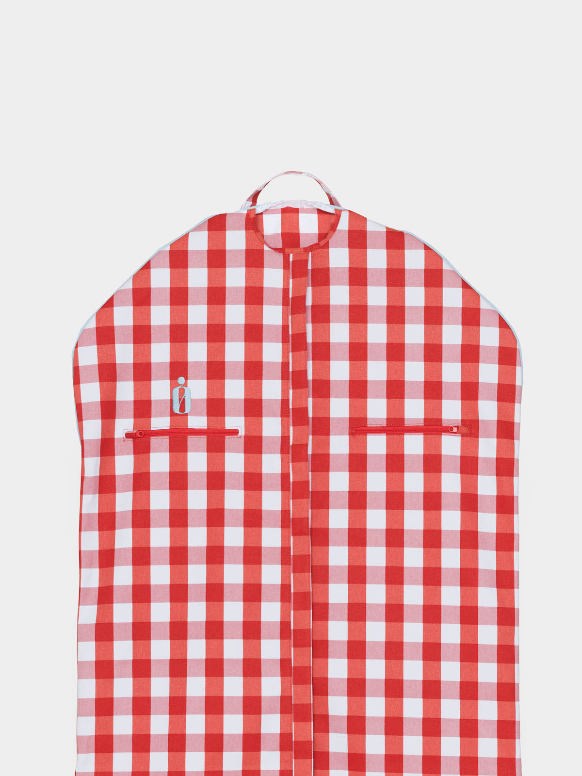 Close view of garment bag reverse with zipper and small pocket details