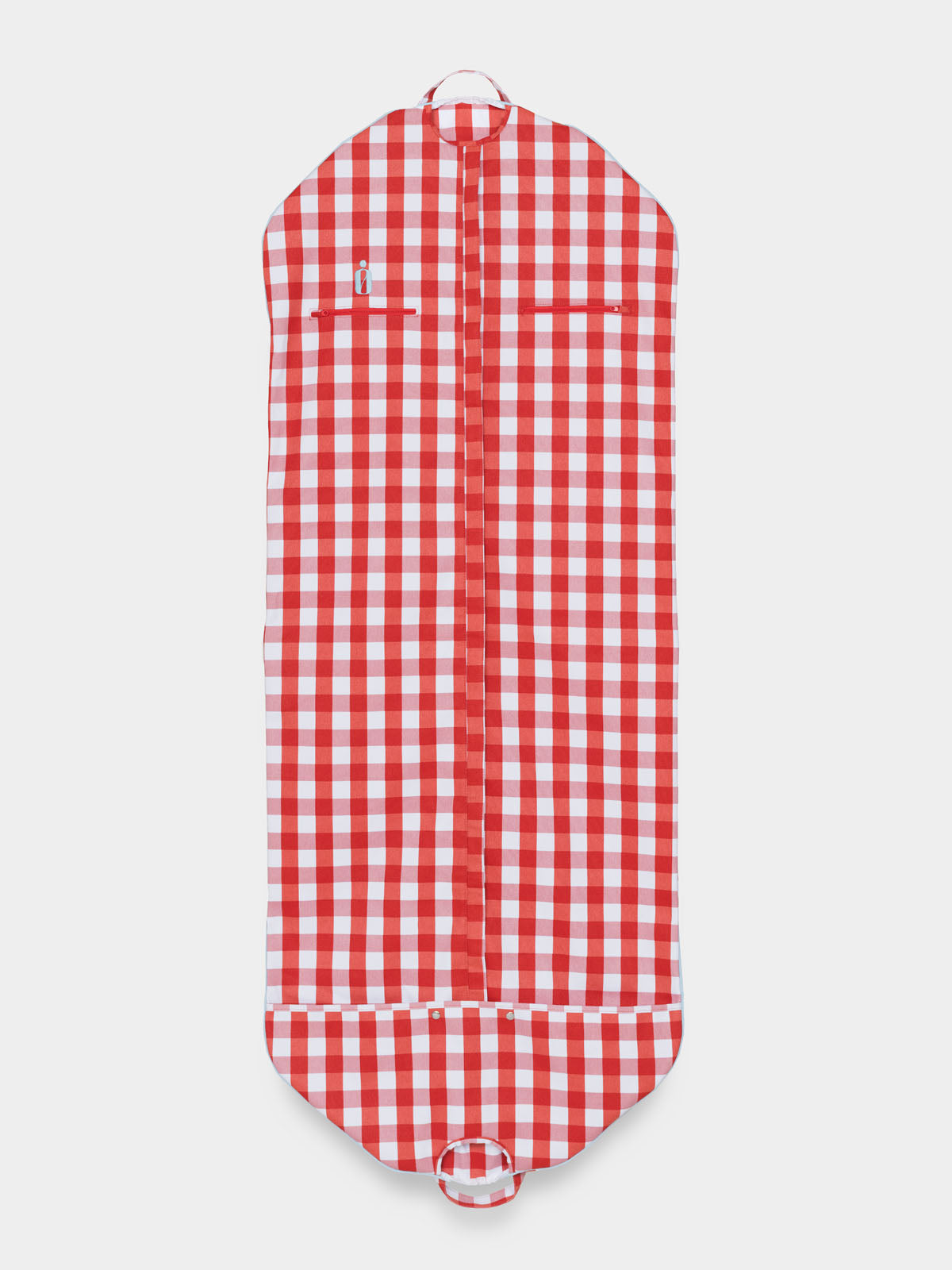 Red and white gingham garment bag, reverse side with full-length zipper
