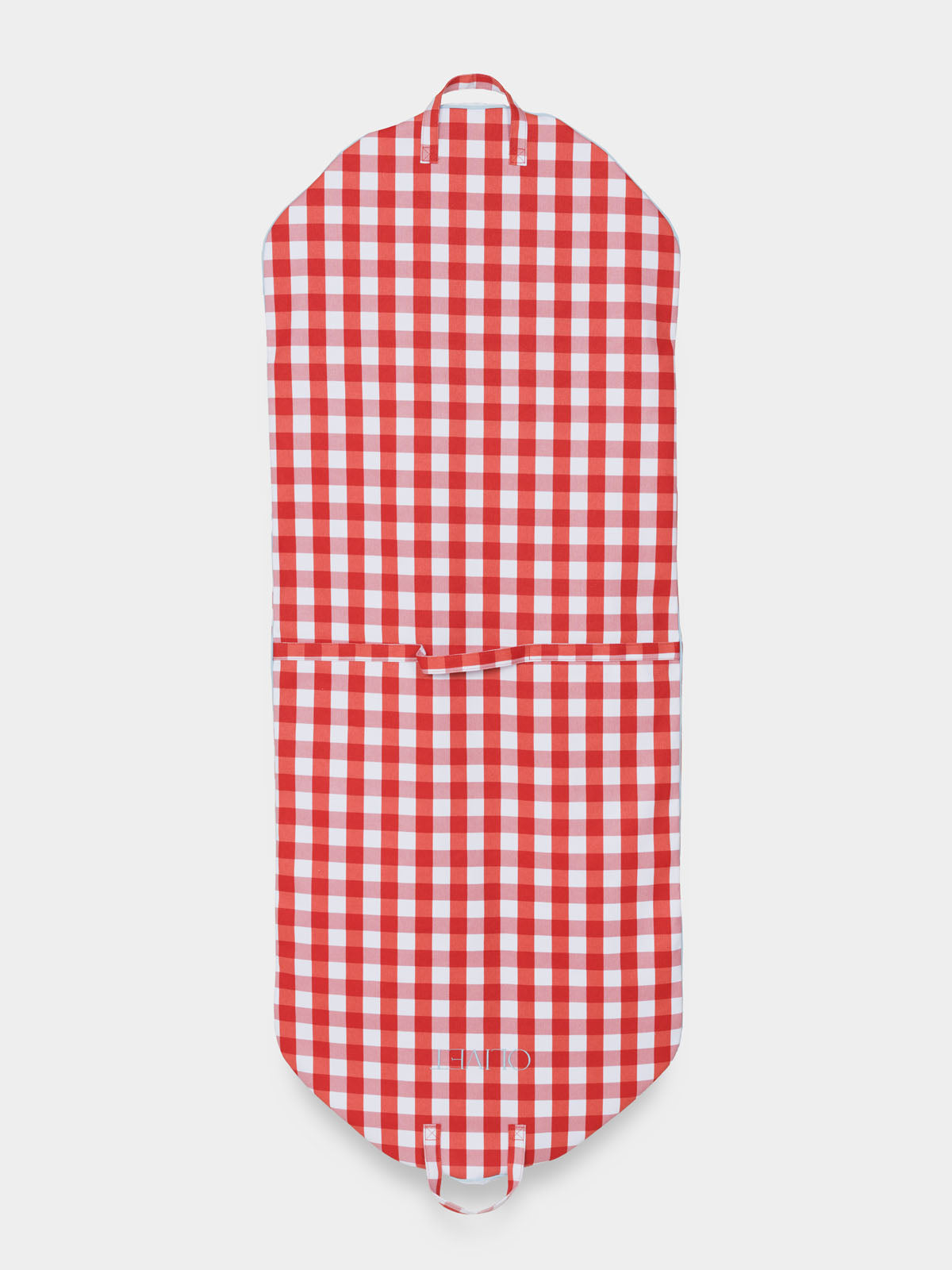 Back of red and white gingham garment bag with central seam and handles