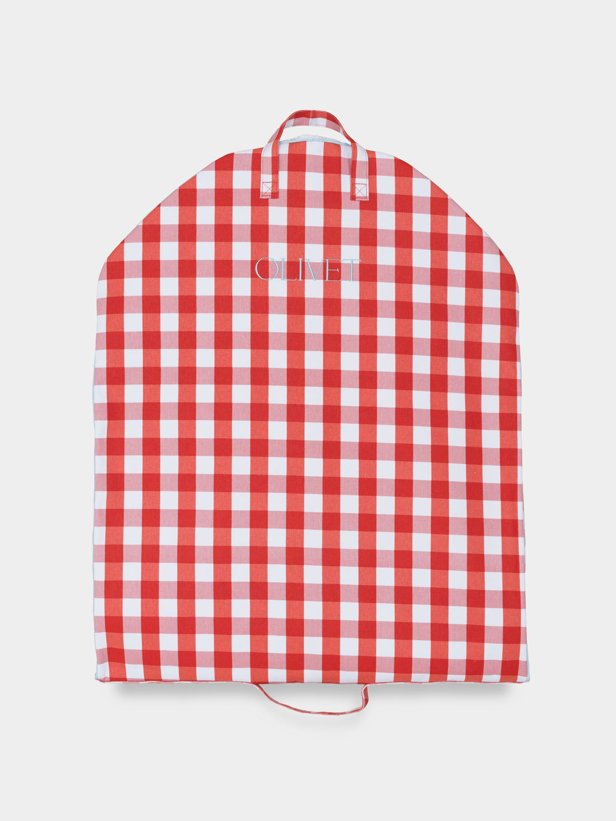 Red and white gingham garment bag, front view with top handle