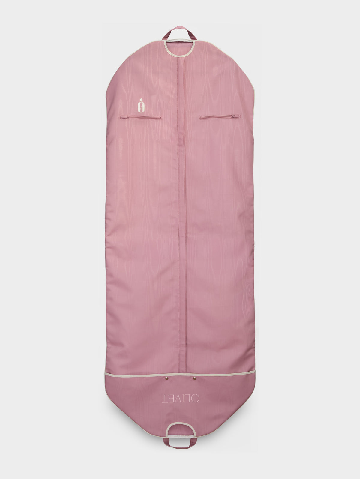 Back of pink garment bag with center zipper, two pockets, and pale trim