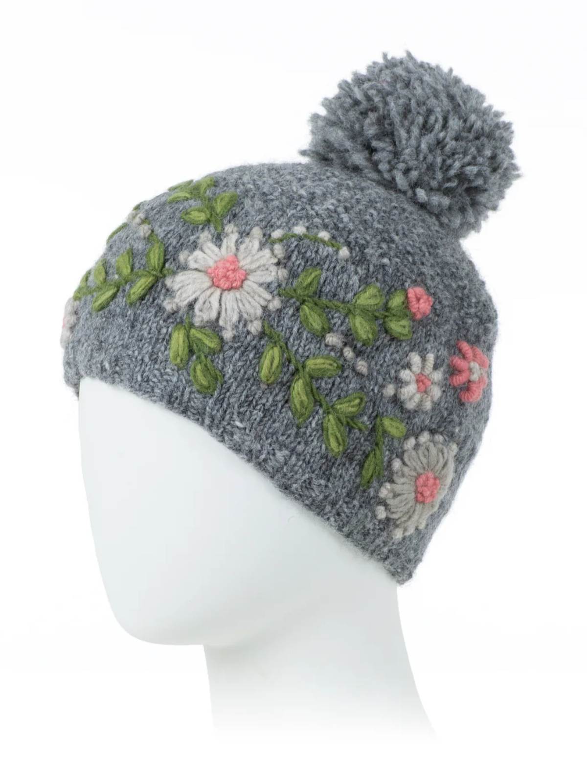 Grey wool knit hat with pompom and embroidered flowers and leaves