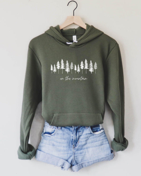 Olive green sponge fleece hoodie with tree graphic, front pouch pocket, hood