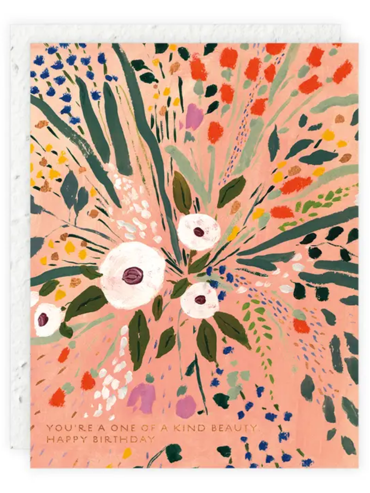 Seeded birthday card with peach floral spray illustration and message, white border