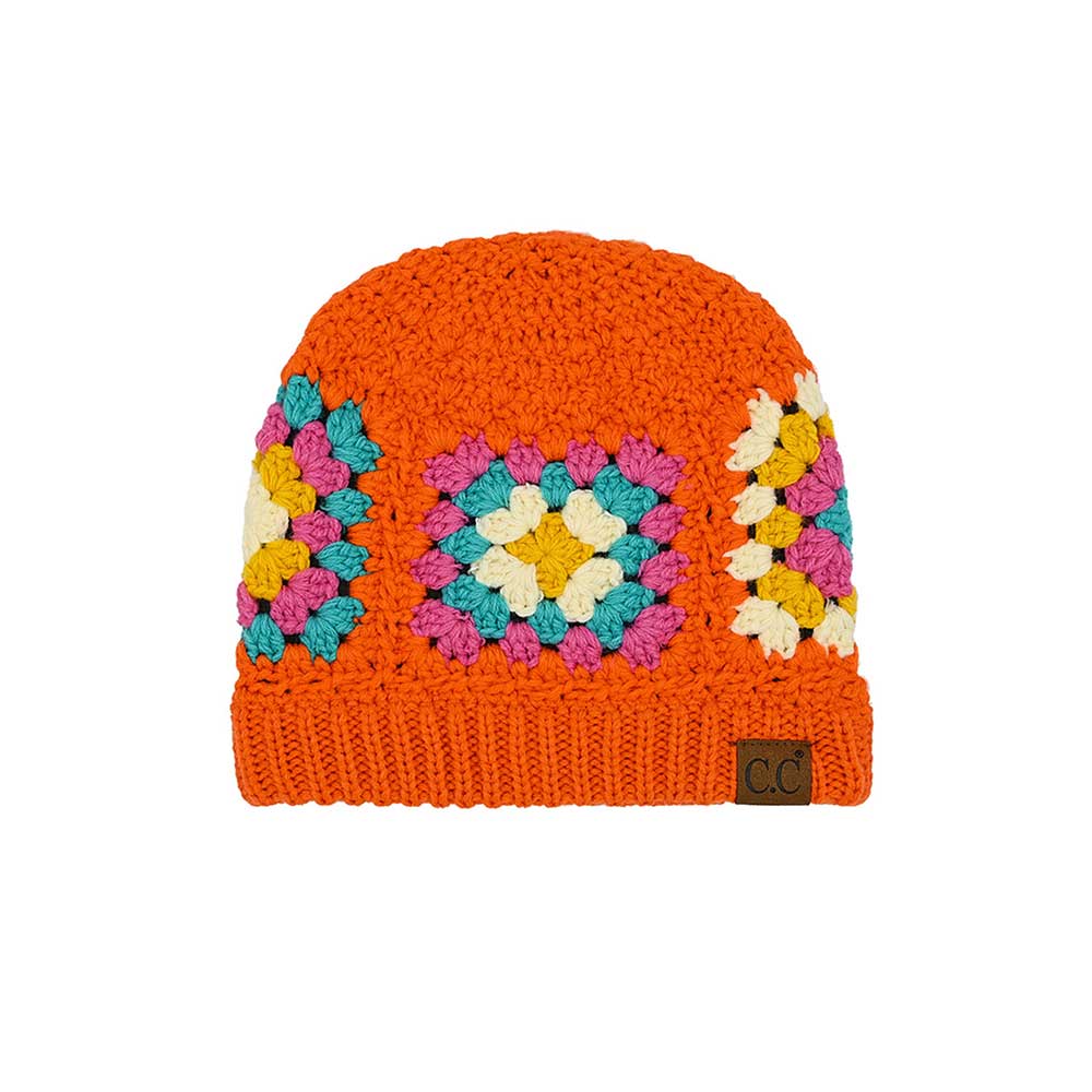 C.C multicolor crochet beanie with floral granny square pattern, orange