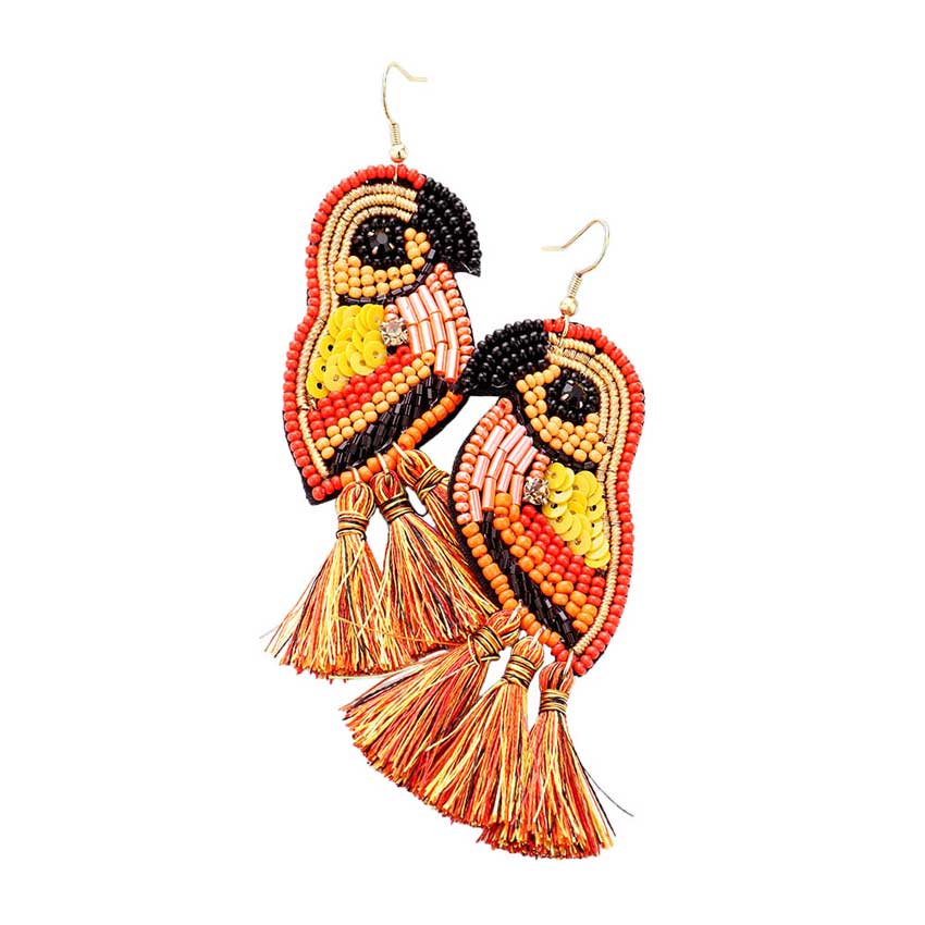 Parrot bead sequin tassel earrings, orange and black beads with orange tassels.