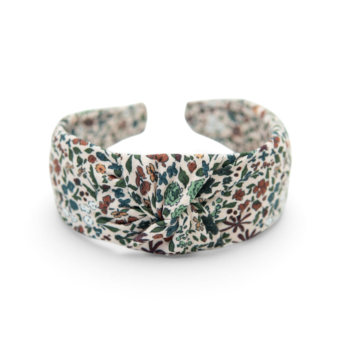 Floral knotted headband with cream base and multicolor leaf and flower print