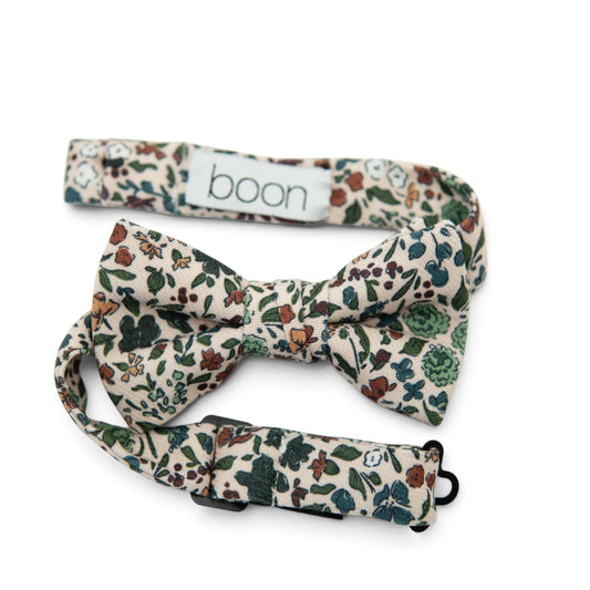 Boys floral bow tie with green, brown, and cream leaf pattern