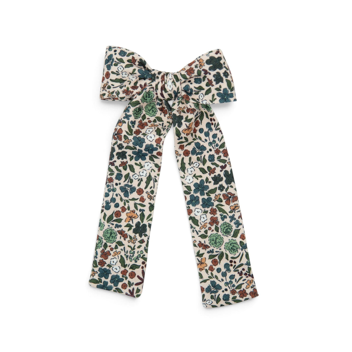 Floral lady hair bow on off-white fabric, multi-color botanical print, wide ribbon ends