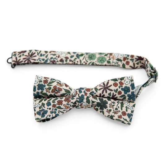 Pre-tied men’s bow tie with colorful orchard floral pattern