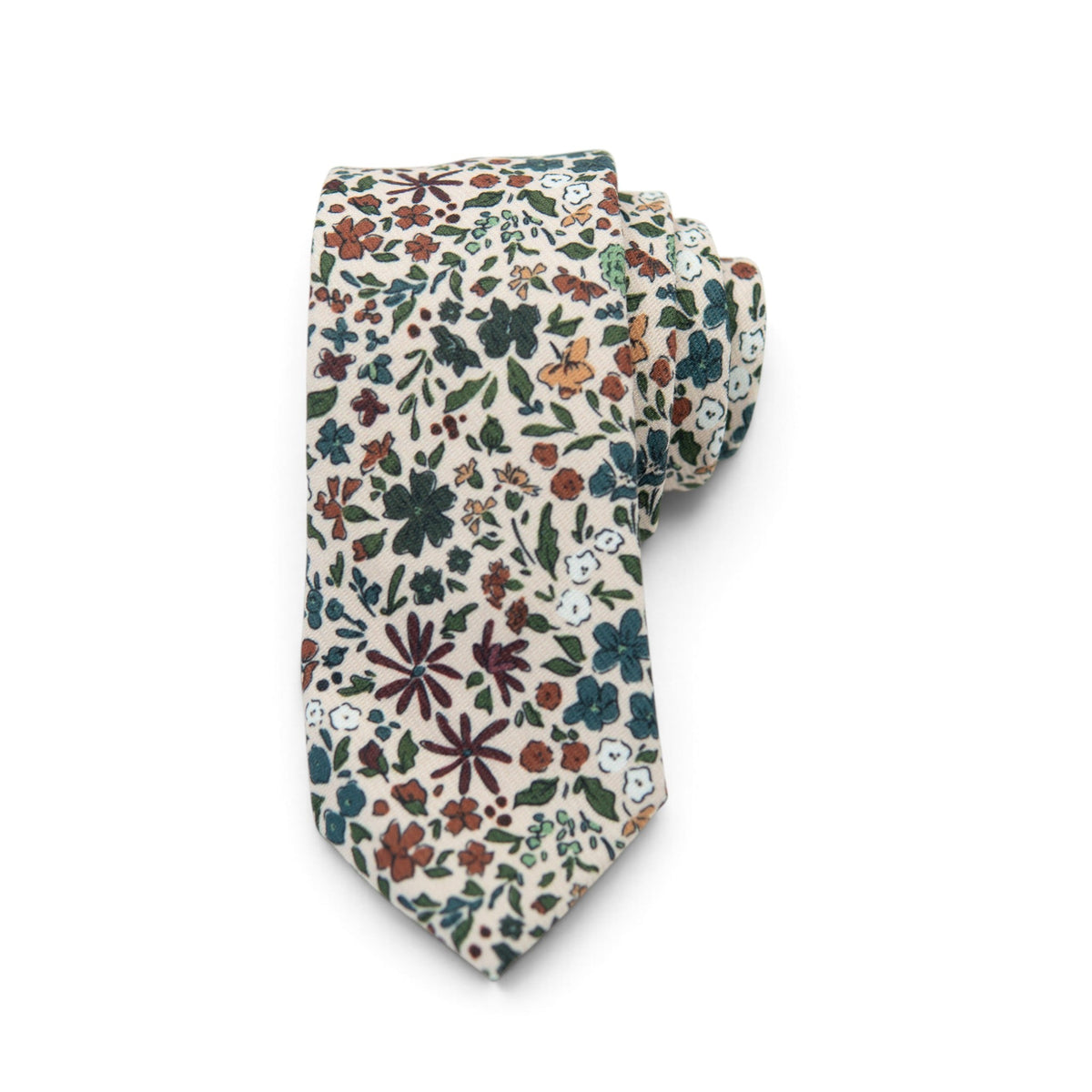 Men's floral necktie on cream base with multicolor leaf and flower pattern