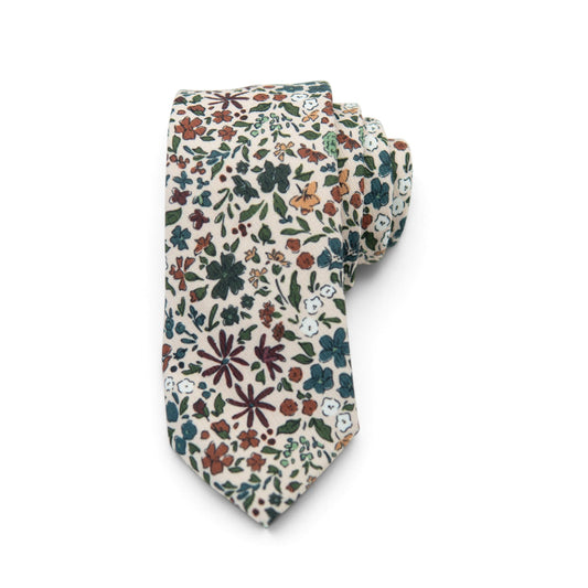 Men's floral necktie on cream base with multicolor leaf and flower pattern