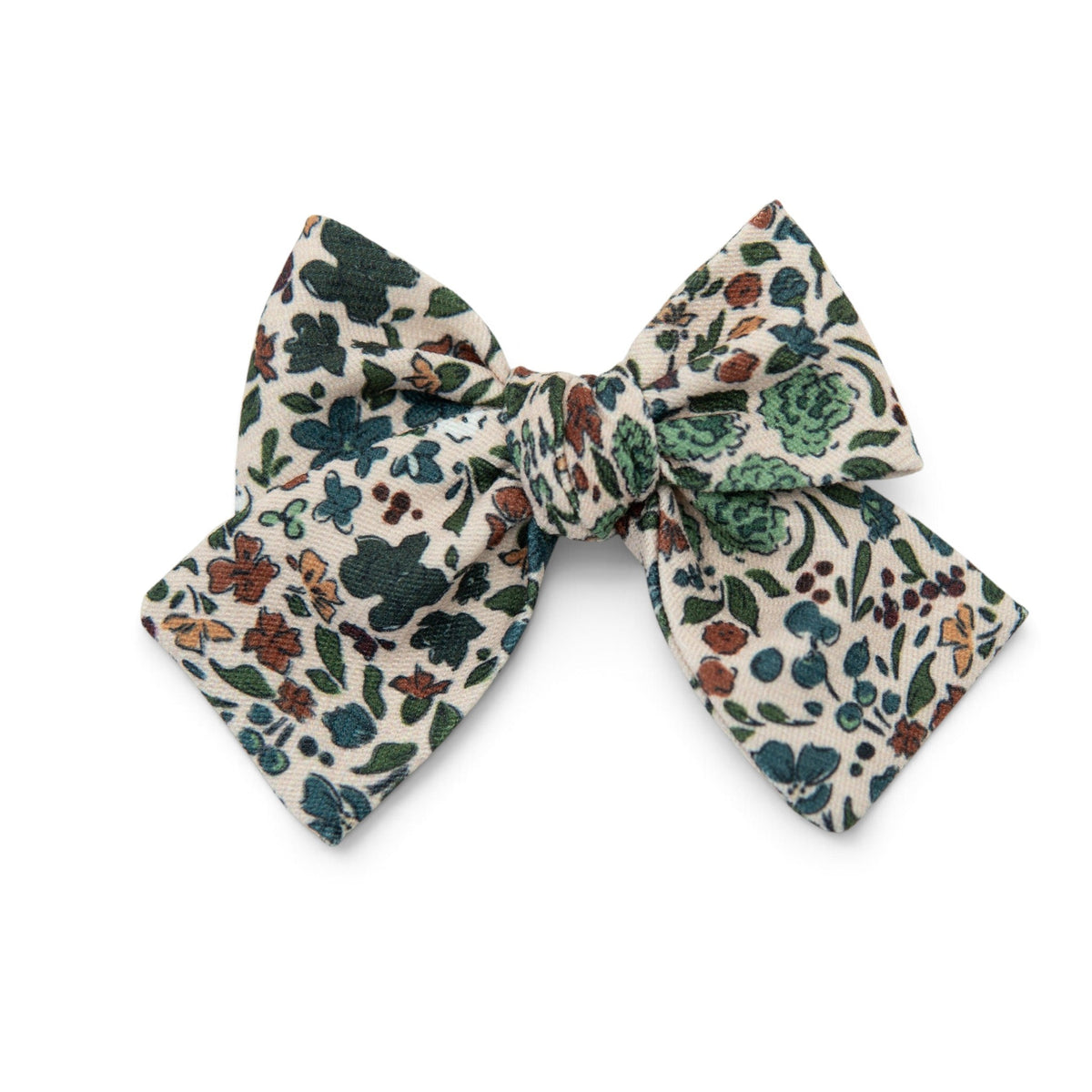 Petite hair bow in cream with multicolor floral leaves and butterflies