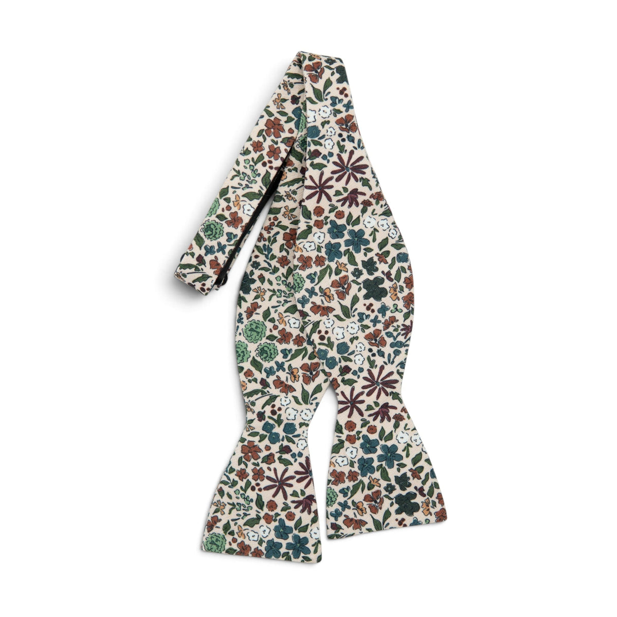 Floral self-tie bow tie with cream base and multicolor orchard print