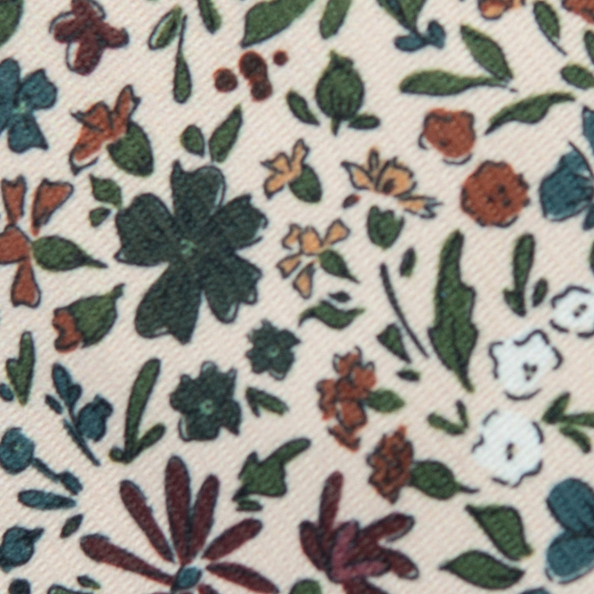Orchard floral bow tie fabric close-up with multicolor leaves and blossoms