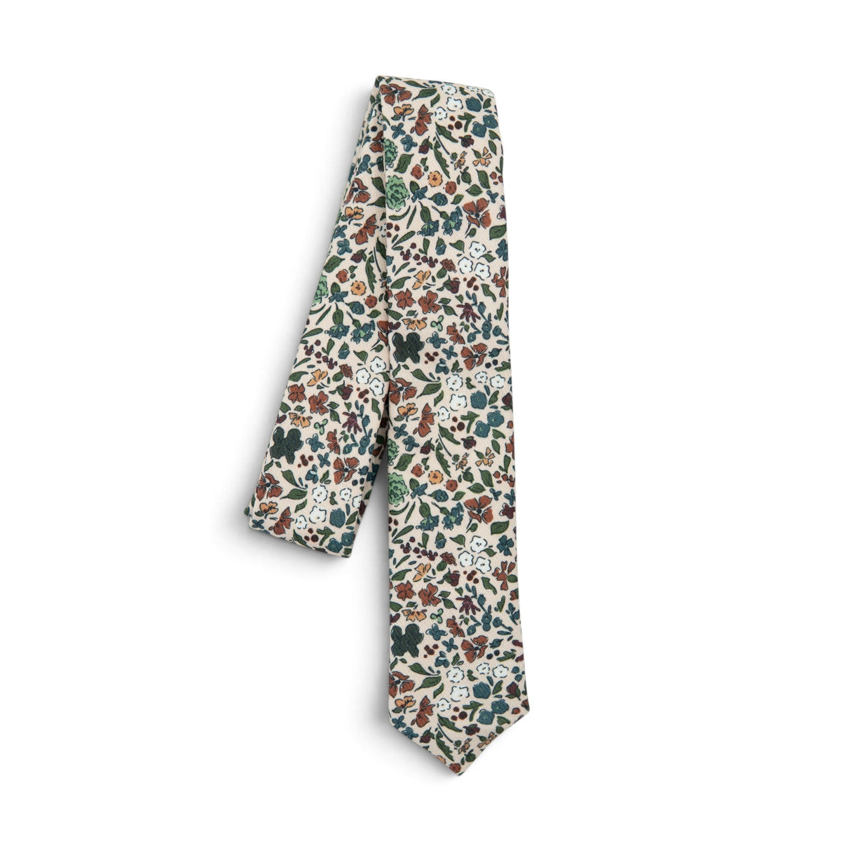 Youth skinny necktie with cream floral print and multicolor leaf and flower pattern