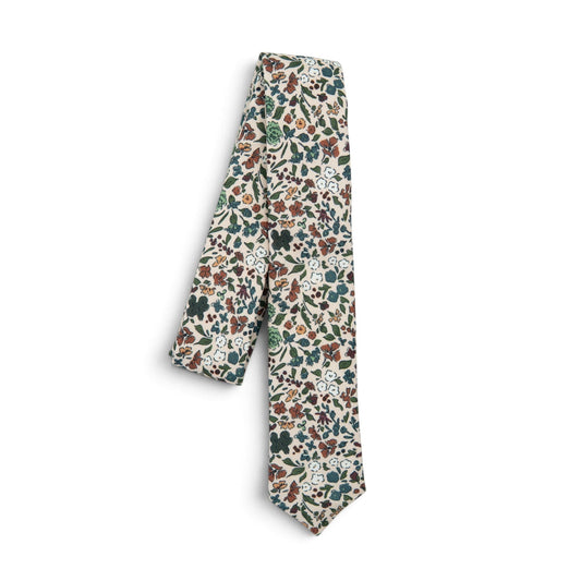 Youth skinny necktie with cream floral print and multicolor leaf and flower pattern