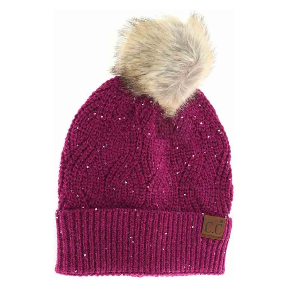 Sequin brioche cable knit beanie, burgundy with faux fur pom and ribbed cuff patch CC