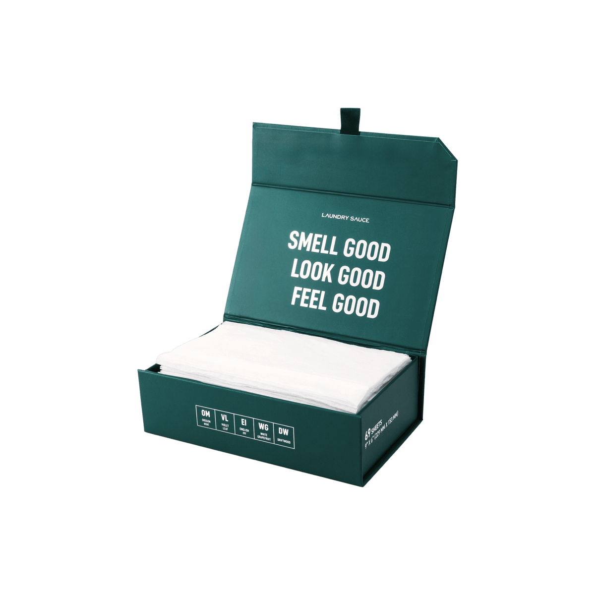 Scented dryer sheets in a teal open box with neatly stacked white sheets