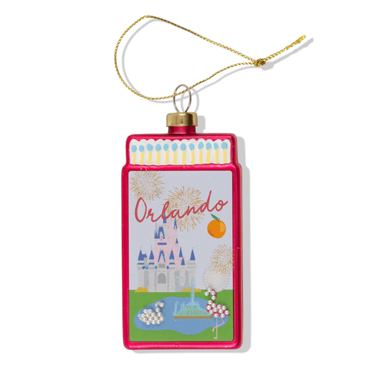 Orlando matchbook ornament with red frame, gold top, and hanging cord