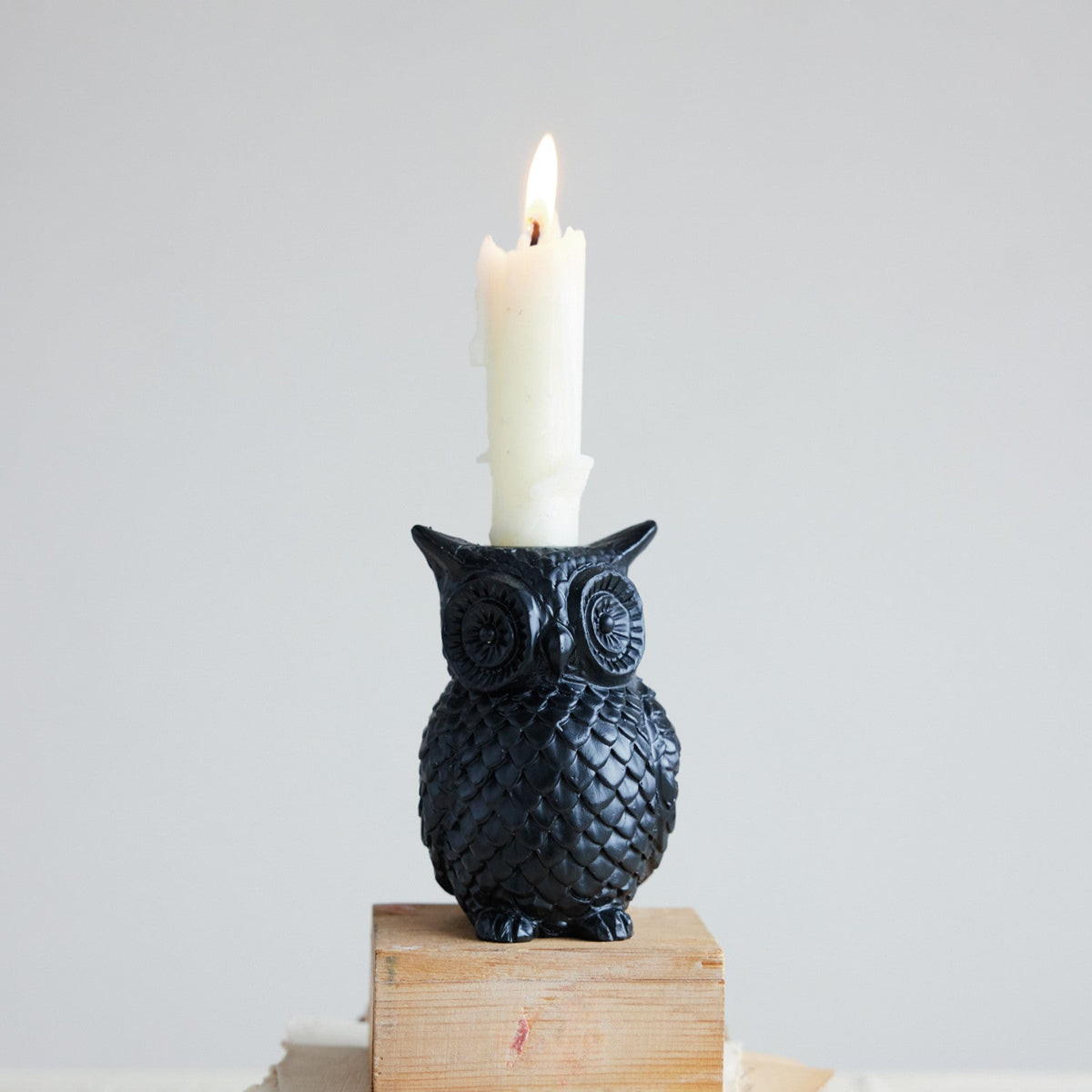 Black resin owl taper candle holder with lit candle on wood block