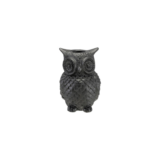 Gray owl taper candle holder with textured scales and carved face