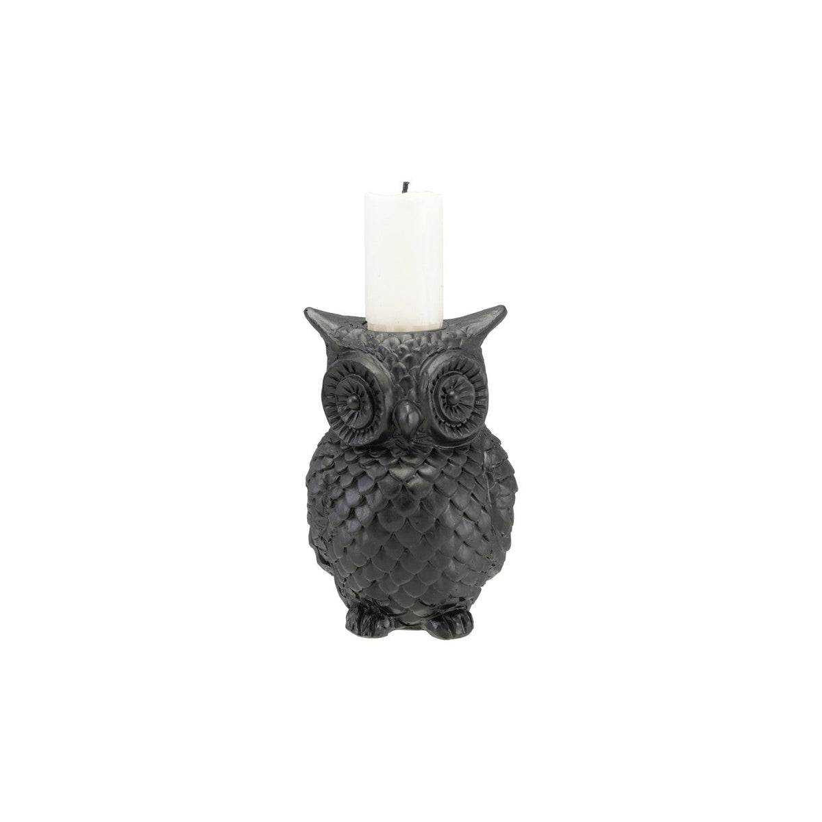 Gray resin owl taper candle holder with upright white candle