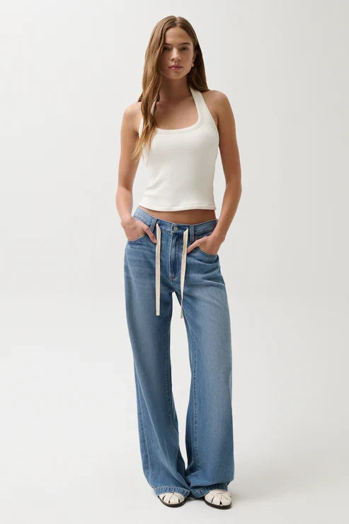 Women's light-blue mid-rise drawstring palazzo jeans with wide legs and front pockets