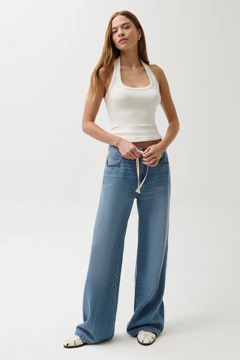 Women's light-blue mid-rise drawstring wide-leg palazzo jeans, full front view