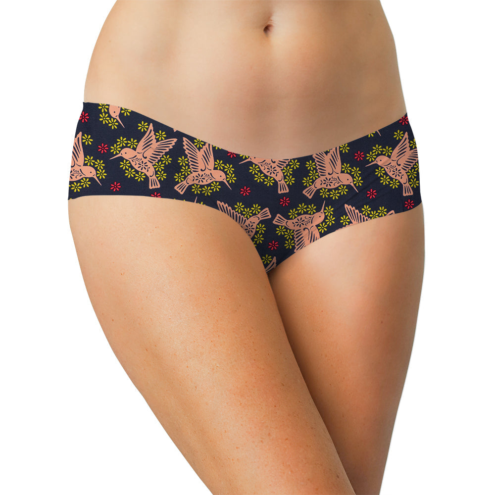Hummingbird hipster underwear modeled, showing its low-rise cut and colorful print