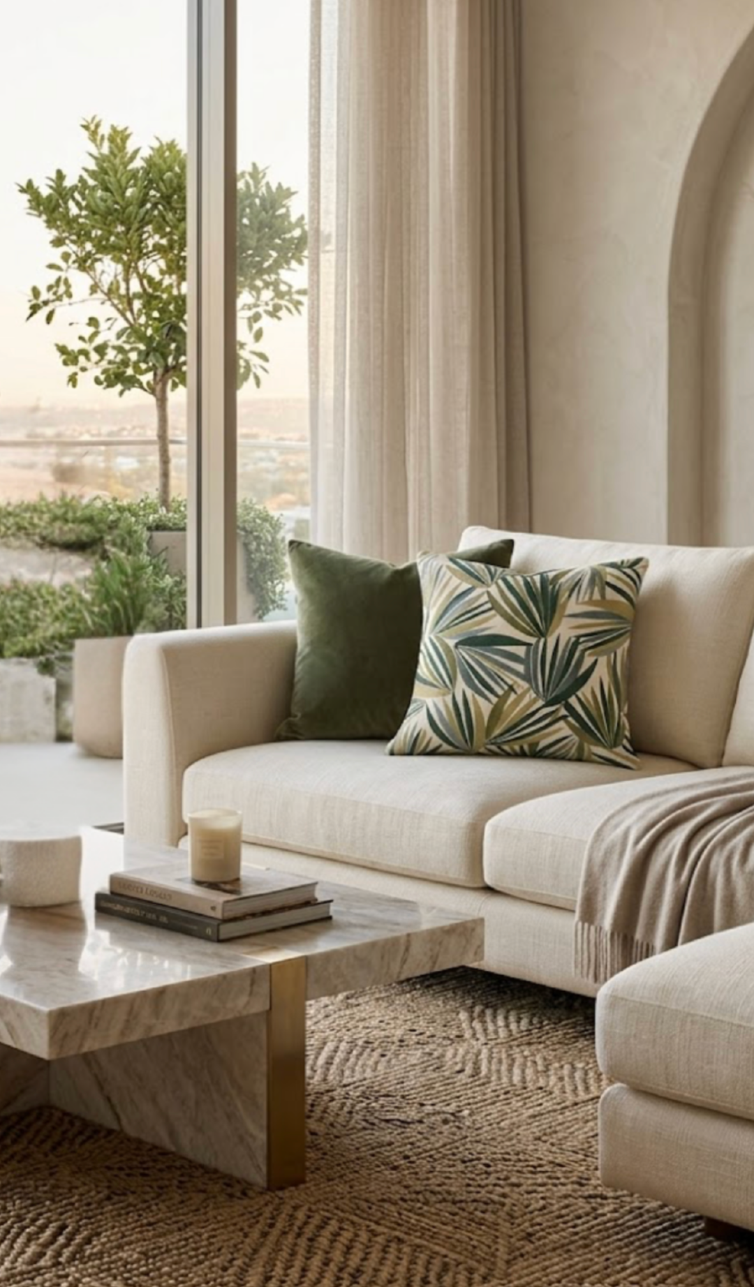 Tropical leaf patterned throw pillow on a light sofa, with a matching accent pillow behind.