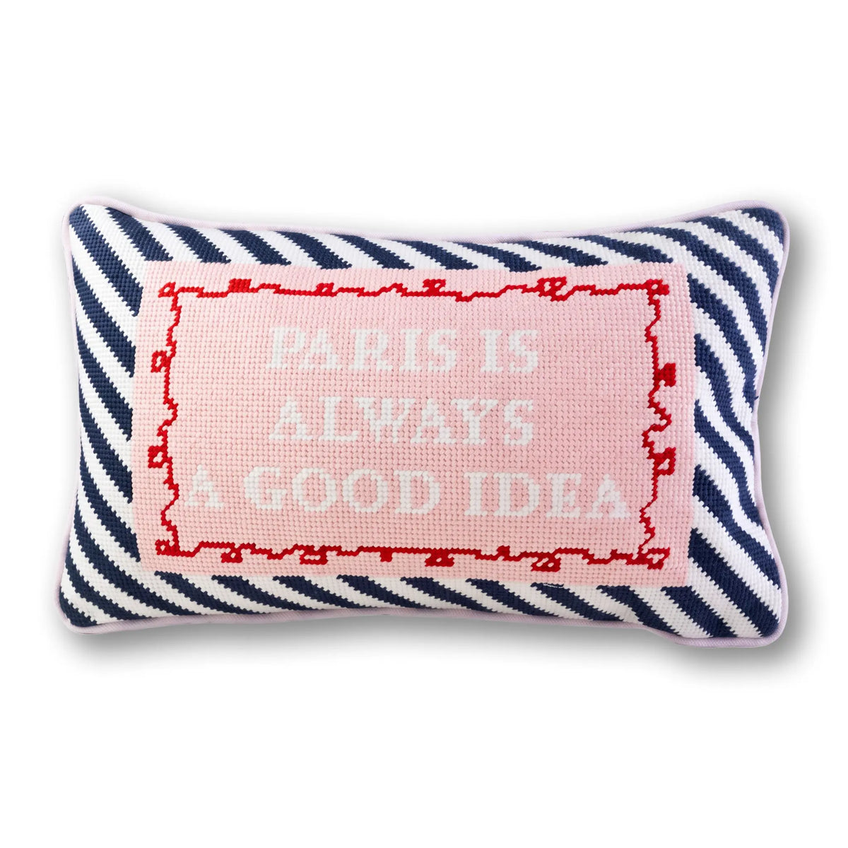 Needlepoint pillow with navy zigzag border and pink Paris quote embroidery