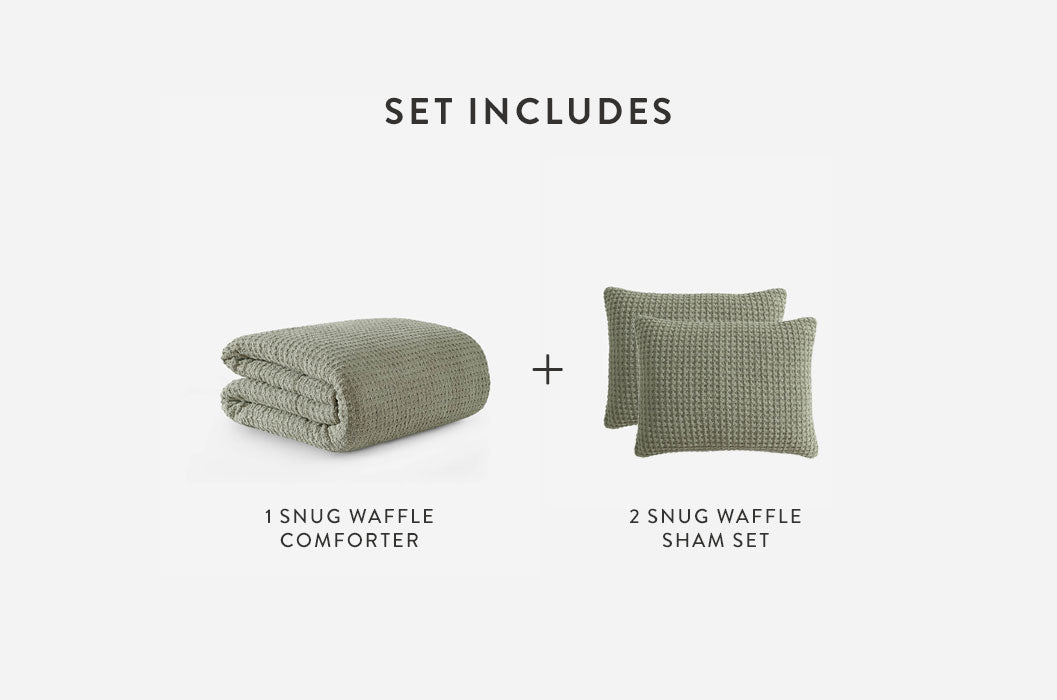 Waffle comforter and matching square sham, sage-green fabric bedding bundle