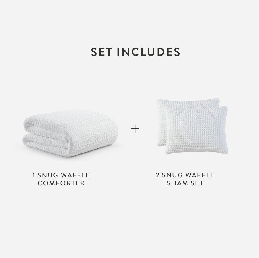 Waffle comforter bundle set: folded comforter plus two square shams in white