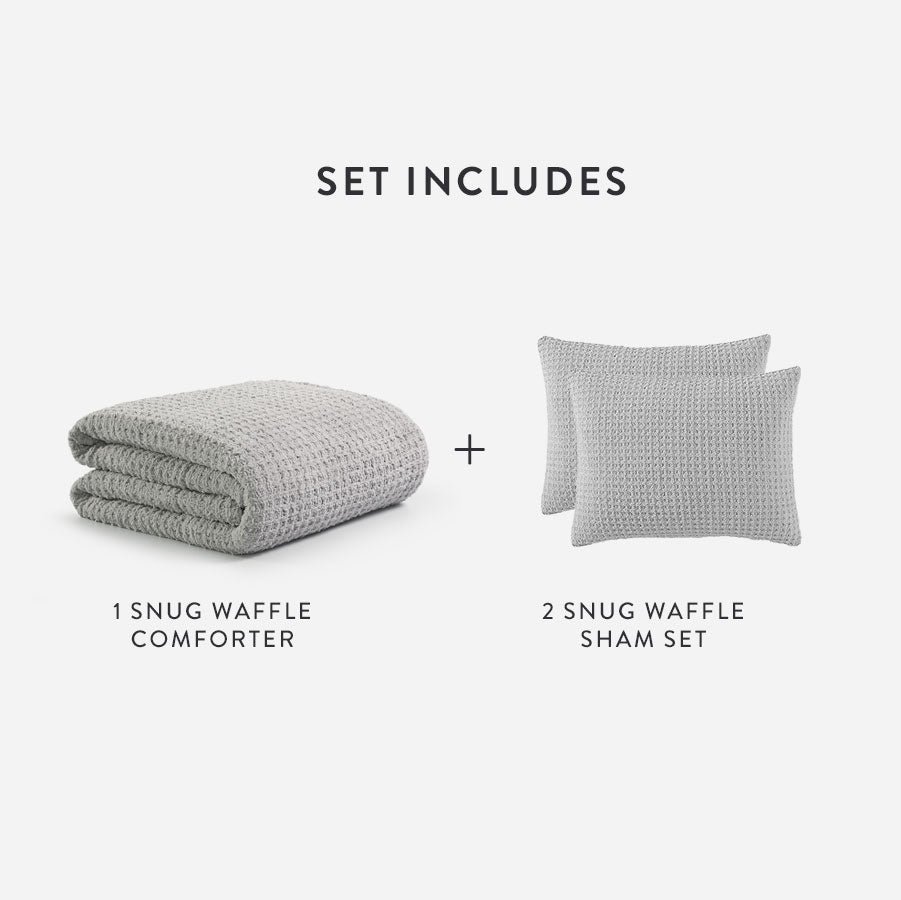 Gray waffle comforter and matching sham set shown as folded bedding pieces