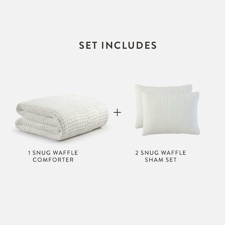 Off-white waffle comforter with matching square sham pillows, set on white