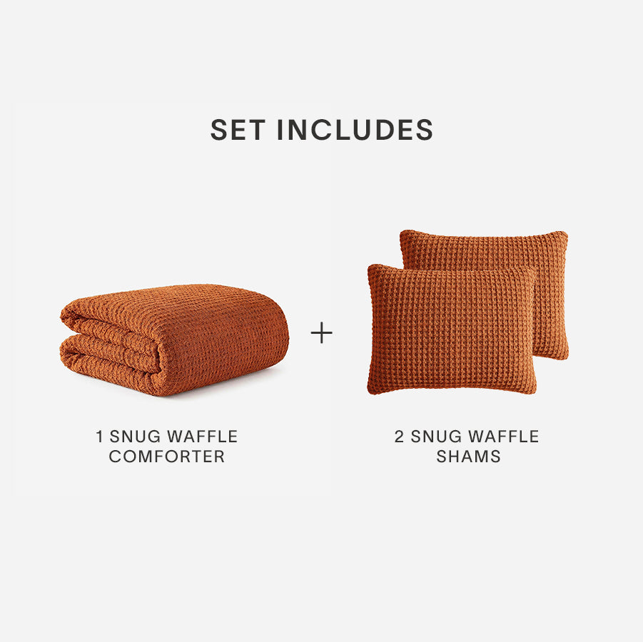 Waffle comforter set in cinnamon orange: 1 comforter and 2 shams