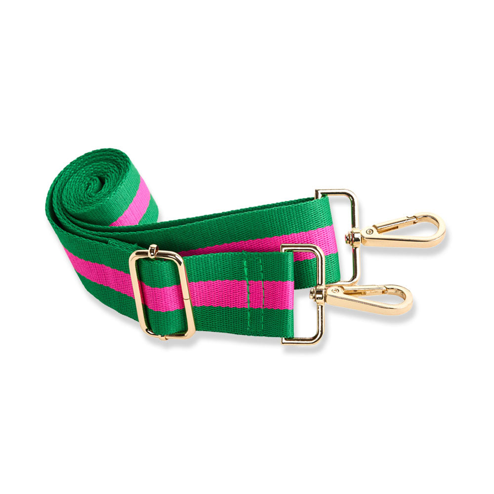 Green and magenta striped HydroBag strap with gold metal clips and buckle hardware