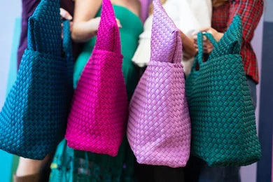 Woven carryall totes with matching tile pouches, multiple colors