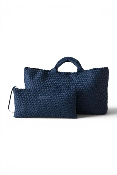 Navy woven carryall tote with matching tile pouch, top handle and side pocket