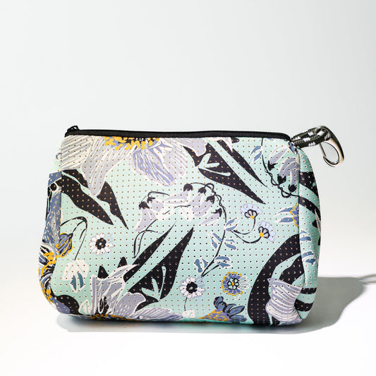 Mint patterned pouch with black zipper top and keyring-style metal loop