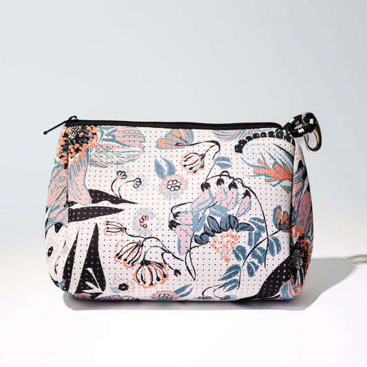 Pastel blossom-pattern zip-top canvas pouch with black zipper and trim
