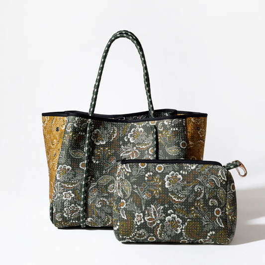 Paisley floral tote with matching zip pouch, dark green with tan accents and black trim