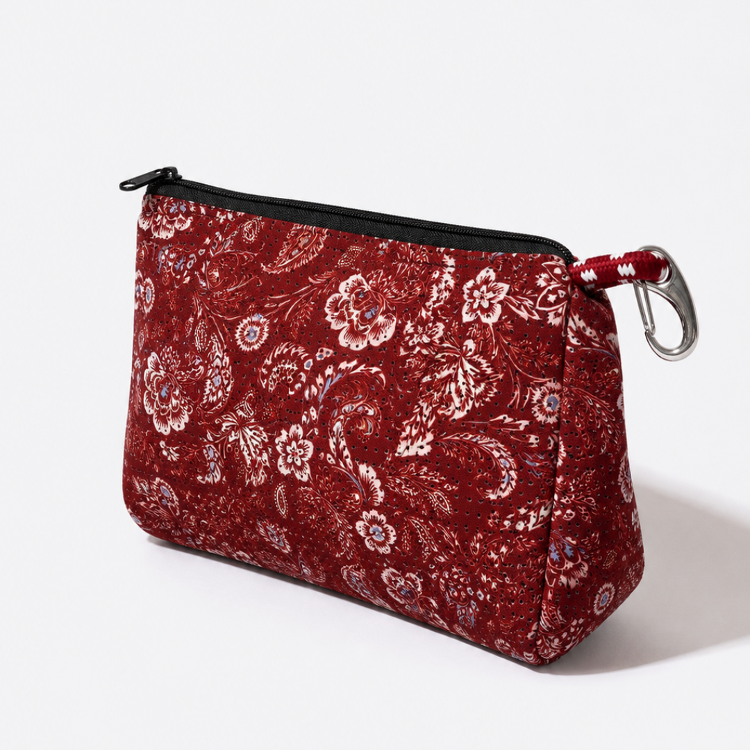 Merlot paisley pouch with black top zipper and metal keyring