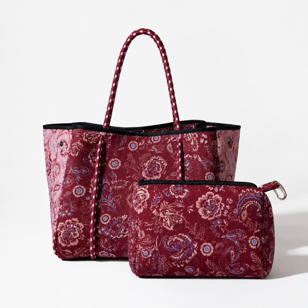 Merlot paisley tote with matching pouch, top handles and zip closure